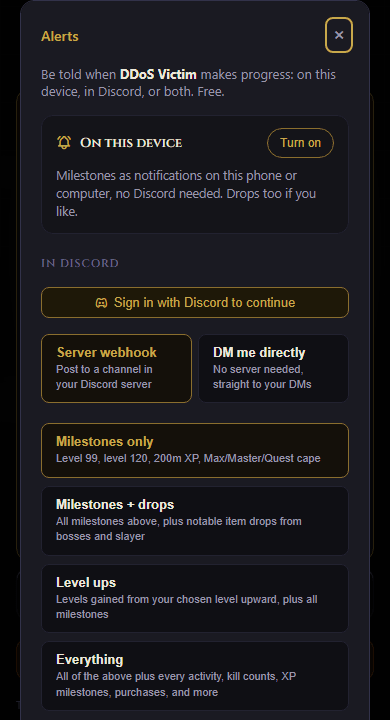 The Alerts modal for a profile, with an On this device section and a Turn on button above the Discord options.