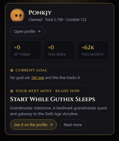 The You page opening with Ponkjy's account card: XP today, this week and this month, the current goal, and the next move with a button to see it on the profile.